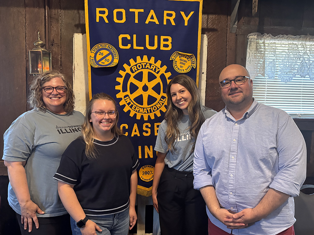 Rotary.2 The Marketing Team of Downstate Illinois was present at Tuesday’s Rotary Club weekly meeting at Richards Farm. They were the guests of new member Tom Daughhetee, Economic Development Director for the City of Casey. Pictured (l to right) are Christine Orr, Sales & Marketing Director; Abbie Hernandez, Sales & Marketing Specialist; Jordan Jackovich, Communications Manager; and Daughhetee. Photo by Sharon Durham
