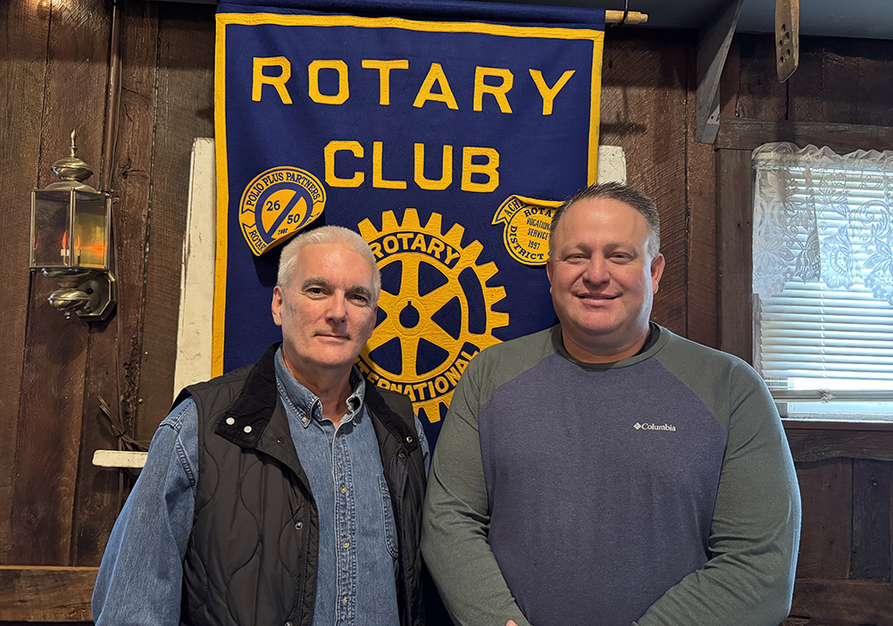 Mike Martin, left, pastor at Casey White Oak, was the guest of Rotarian Brian Hancock, pastor at Casey First Church of the Nazarene. Martin provided an update on the Casey Food Pantry, overseen by Martin and the Casey Ministerial Association. —photo by Sharon Durham