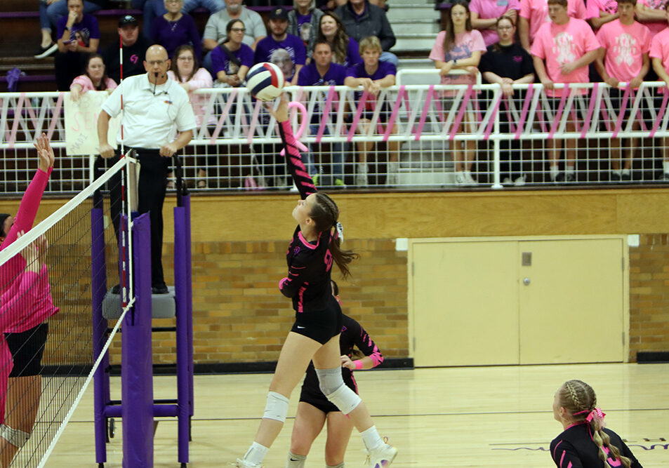 On her Senior Night, Madi Gelb rises up and powers through the Marshall defense for a resounding kill to score a point for the Lady Warriors. —photo by Terri Cox