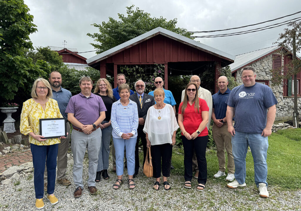 Casey Rotary The Casey Rotary Club celebrated its 100th Anniversary on June 17, 2025, during the weekly meeting at Richards Farm. District Governor Mike Martin of Mattoon joined the group to present a certificate to President Marcy Mumford. The actual Charter Anniversary date was January 26, 1925. Present at Tuesday’s luncheon were (front, l to r) Marcy Mumford, Shane Todd, Sharon Durham, Joyce Shore, Megan Peavler, and Brian Hancock; (back) Chris Overbeck, Wendy Navel, Kurt Squires, Jay Markwell, Mike Martin, Gary Shore, and Aaron Stinson. Not present were Christopher Snedeker and John Murphy. —photo by Chuck Ayres.