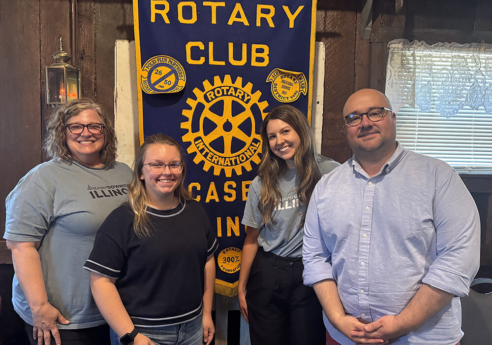 Rotary.2 The Marketing Team of Downstate Illinois was present at Tuesday’s Rotary Club weekly meeting at Richards Farm. They were the guests of new member Tom Daughhetee, Economic Development Director for the City of Casey. Pictured (l to right) are Christine Orr, Sales & Marketing Director; Abbie Hernandez, Sales & Marketing Specialist; Jordan Jackovich, Communications Manager; and Daughhetee. Photo by Sharon Durham
